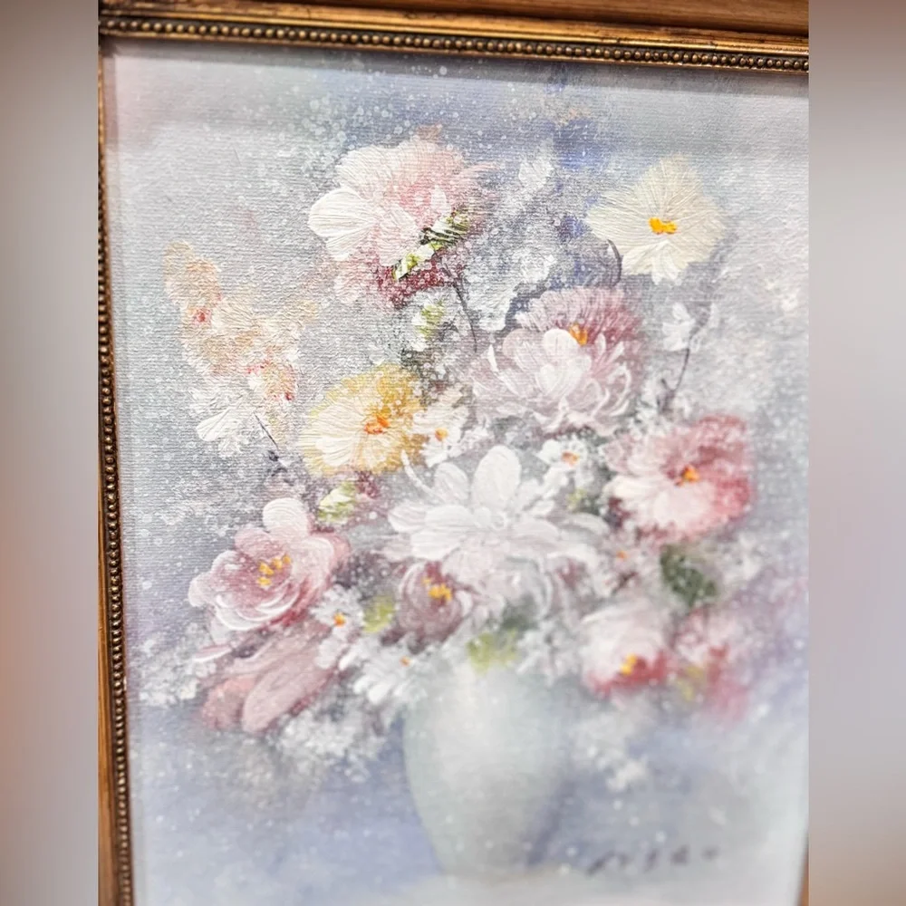 Original Oil On Board Framed Bouquet Signed RUSSO  8” x 10  Wood Frame